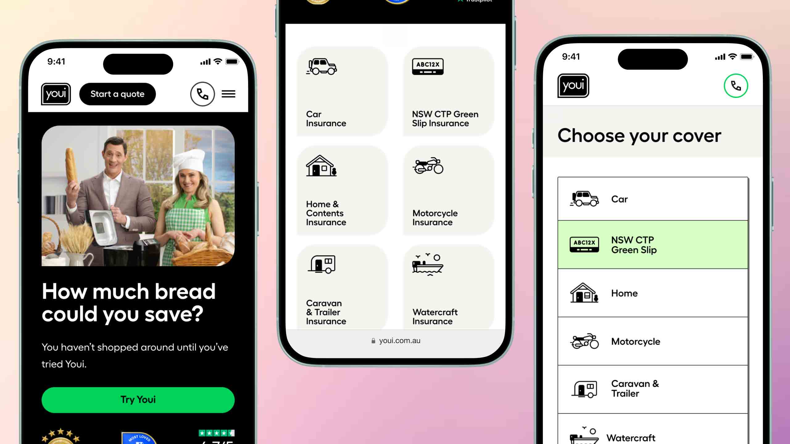 Hand holding mobile phone displaying the Youi website